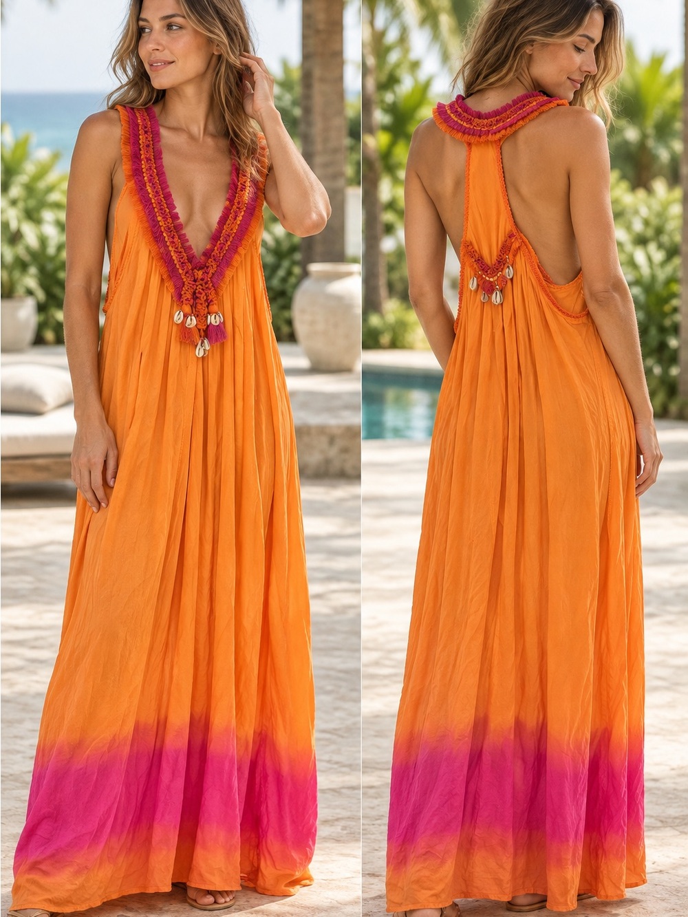 Poupette St Barth Boho Orange-Pink Deep V Maxi Beach Dress
